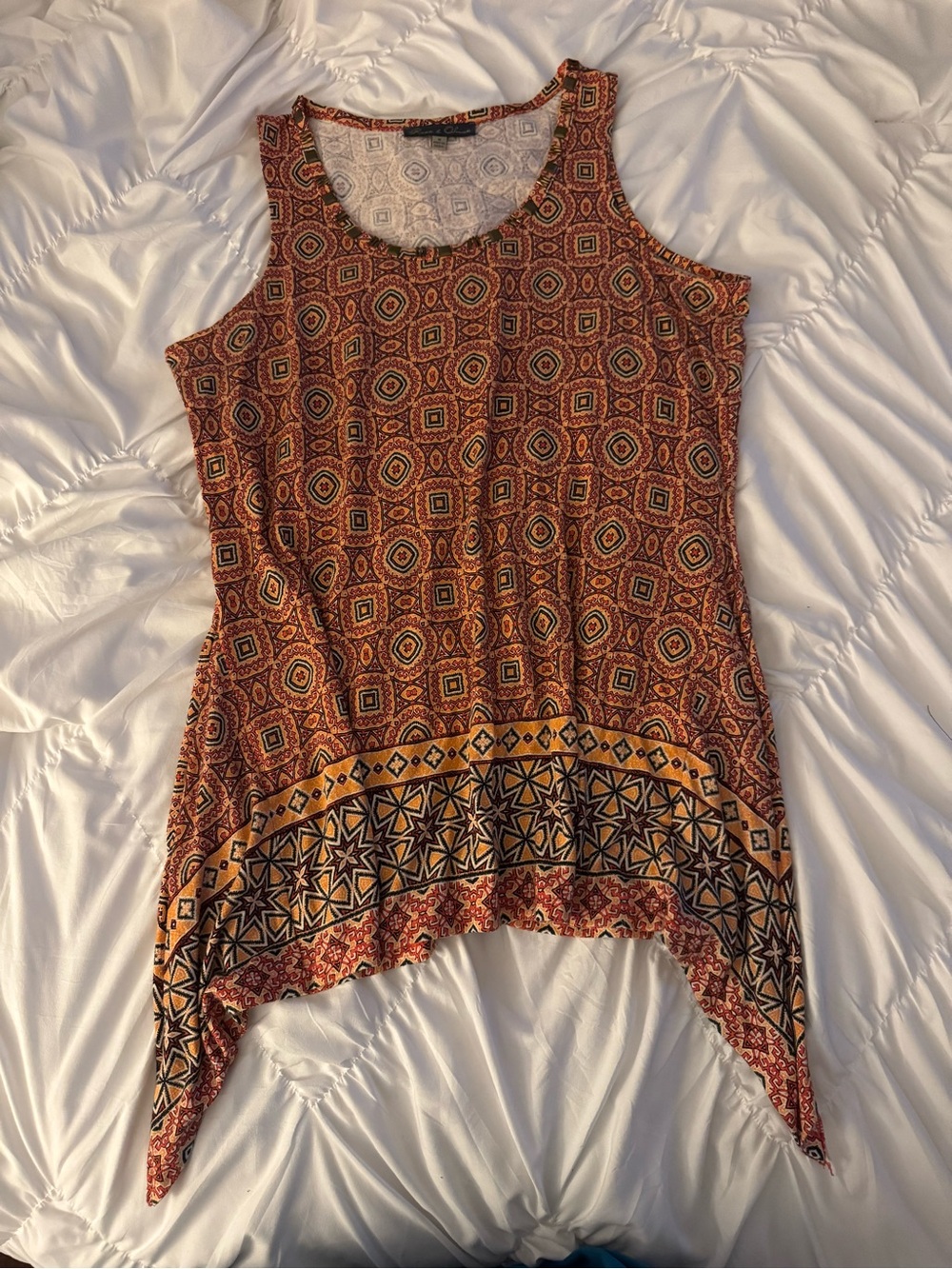 🍁Rose & Olive Perfect Fall Boho Geo-Print Top-Brown/Gold/Rust Multi Print🍂